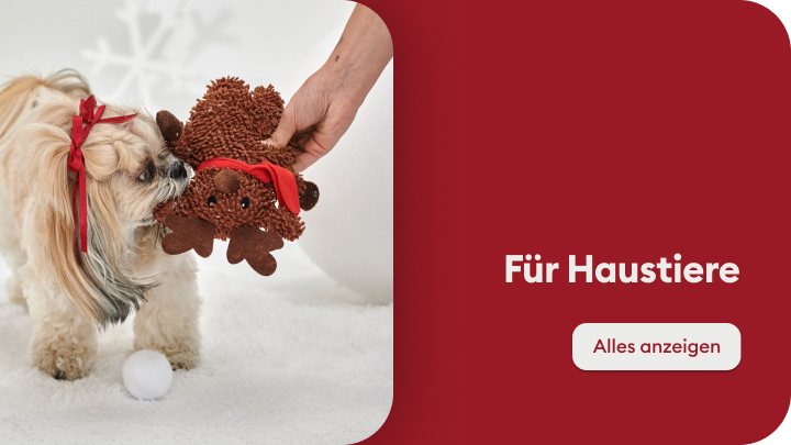 Hund spielt mit einem Stofftier in Form eines Rentiers, das von einer Hand gehalten wird. Daneben steht der Text "Für Haustiere" und ein Button mit der Aufschrift "Alles anzeigen". Illustration einer Kategorie speziell für Haustierprodukte.