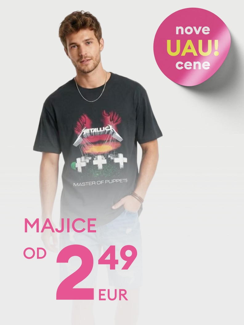 Promocija moških majic z licenčnim motivom Metallica, poudarek na ugodnem nakupu z znižanimi cenami od 2,49 € za vsakdanjo uporabo.