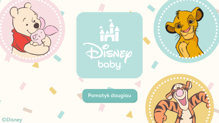 Reklaminė iliustracija, pristatanti Disney baby kolekciją kūdikiams ir kviečianti susipažinti su asortimentu.