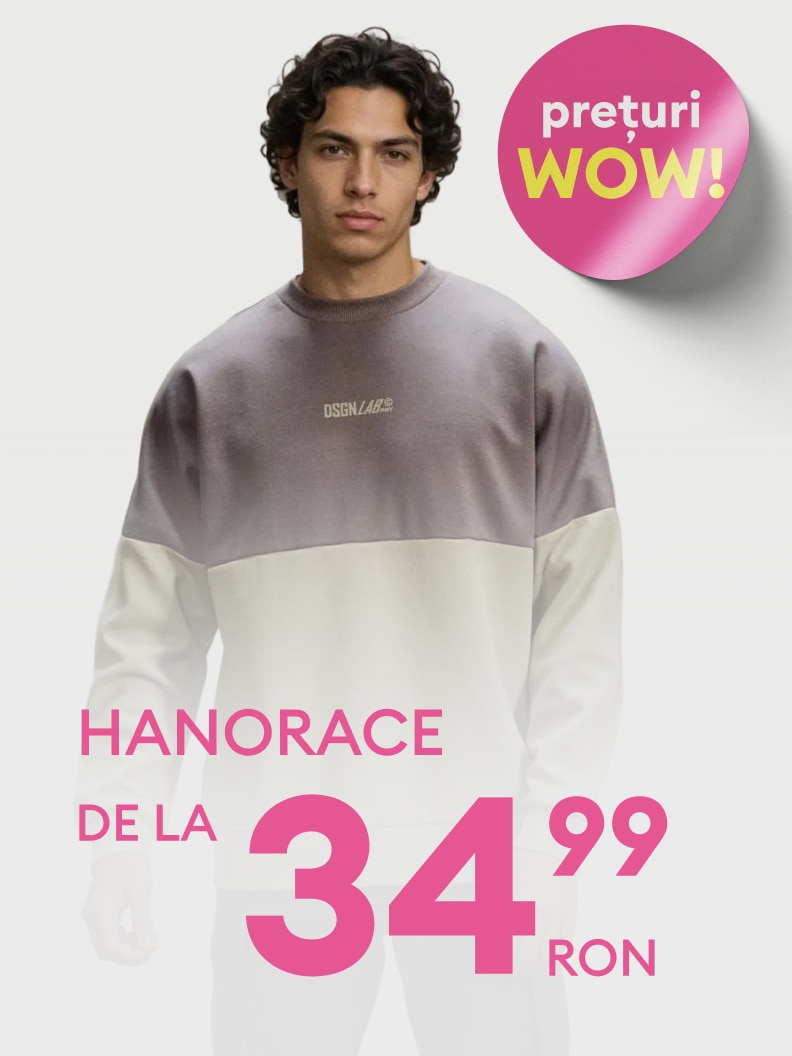 Promovare ofertă promoțională pentru hanorace, evidențiind un preț redus atractiv pentru cumpărători.