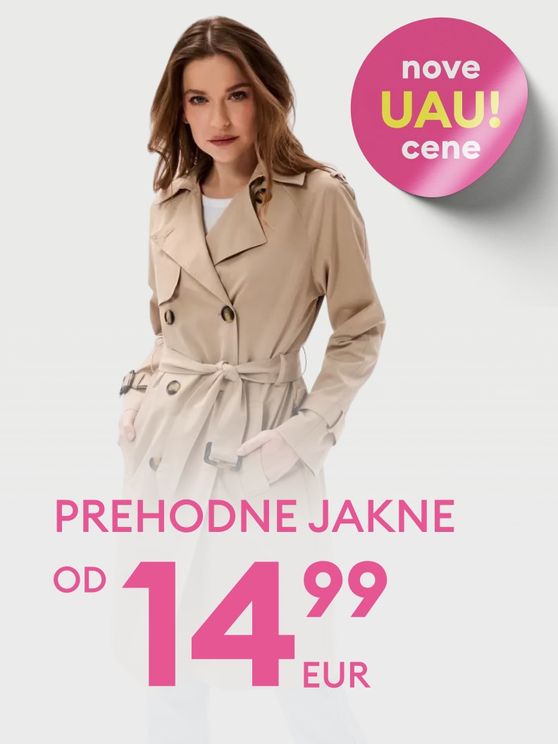 Oglas za prehodne ženske jakne z izpostavljenimi ugodnimi novimi cenami, namenjen spodbujanju nakupa.