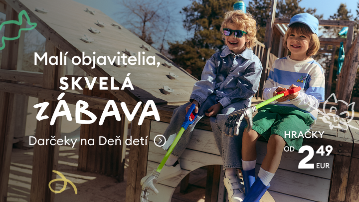 Propagačný banner ponúkajúci hračky a darčeky pre deti k Dňu detí s dôrazom na zábavu a dostupnú cenu od 2,49 EUR.