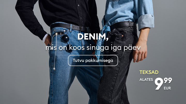 Reklaam kutsub tutvuma igapäevaseks kandmiseks mõeldud teksapükste pakkumisega, rõhutades vastupidavust ja soodsat alghinda.