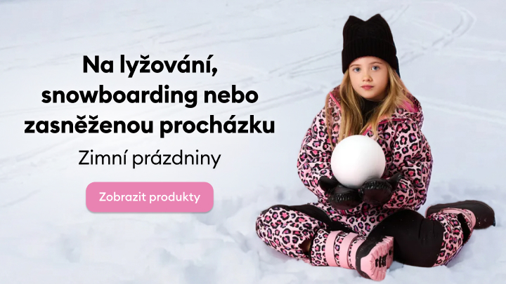 Na obrázku je zimní motiv s dítětem držícím kouli ze sněhu. Text vybízí k zimním sportům jako lyžování, snowboarding nebo procházkám zasněženou krajinou. Výzva k akci: „Zobrazit produkty“ odkazuje na nabídku zimního vybavení nebo oblečení.