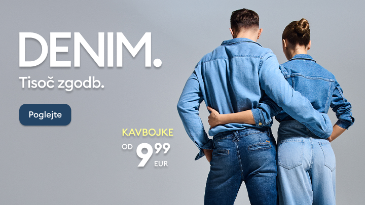 Promocija kavbojk: par v denimu predstavlja vsestranskost in slog ter poudarja ugodno ponudbo z začetno ceno 9,99 € in vabilo k ogledu kolekcije.
