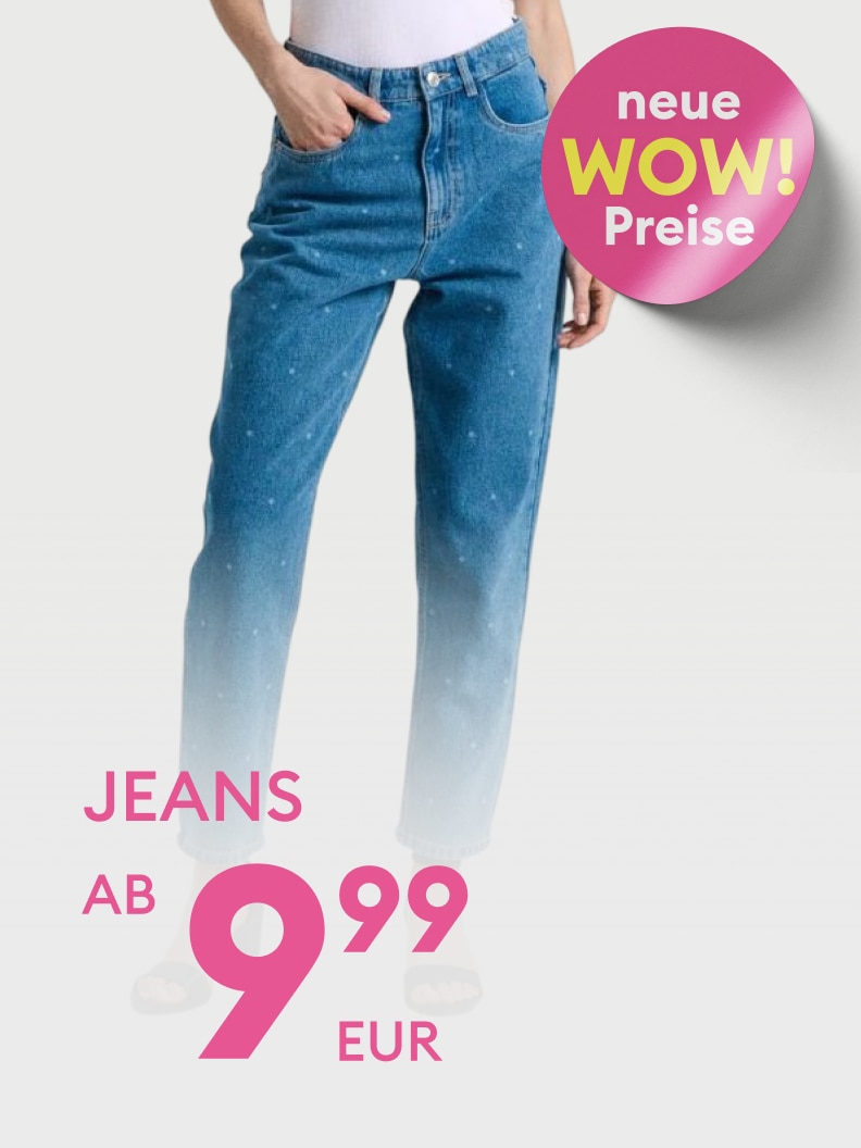 Werbebild für Damenjeans, das auf neue Sonderangebote und stark reduzierte Preise aufmerksam macht.
