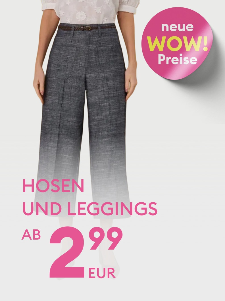 Werbegrafik für ein Sonderangebot mit reduzierten Preisen für Hosen und Leggings.