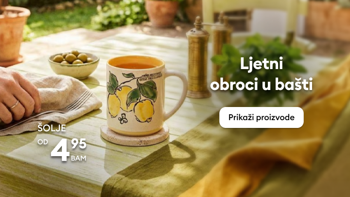 Promocija ljetnih obroka u bašti s ponudom keramičkih šolja po povoljnoj cijeni, namijenjena inspiraciji za opremanje stola i kupovinu proizvoda.