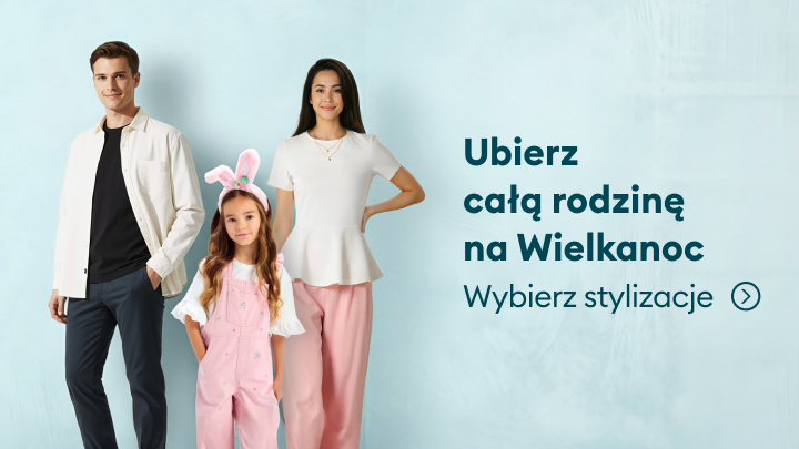Promocja stylizacji wielkanocnych dla całej rodziny, zachęta do wyboru dopasowanych ubrań na świąteczne okazje.