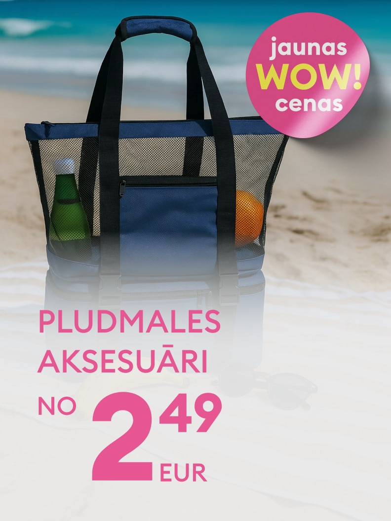 Reklāma par pludmales aksesuāriem ar īpašu piedāvājumu un pievilcīgām cenām, sākot no 2,49 EUR.