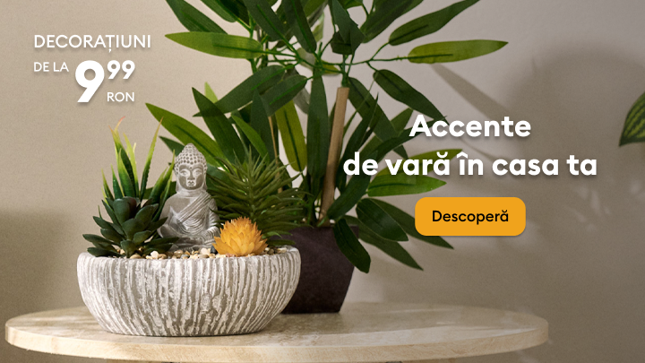 Promovare de decorațiuni pentru casă, cu accente de vară, evidențiind o ofertă de la 9,99 RON și invitând utilizatorul să descopere produsele.