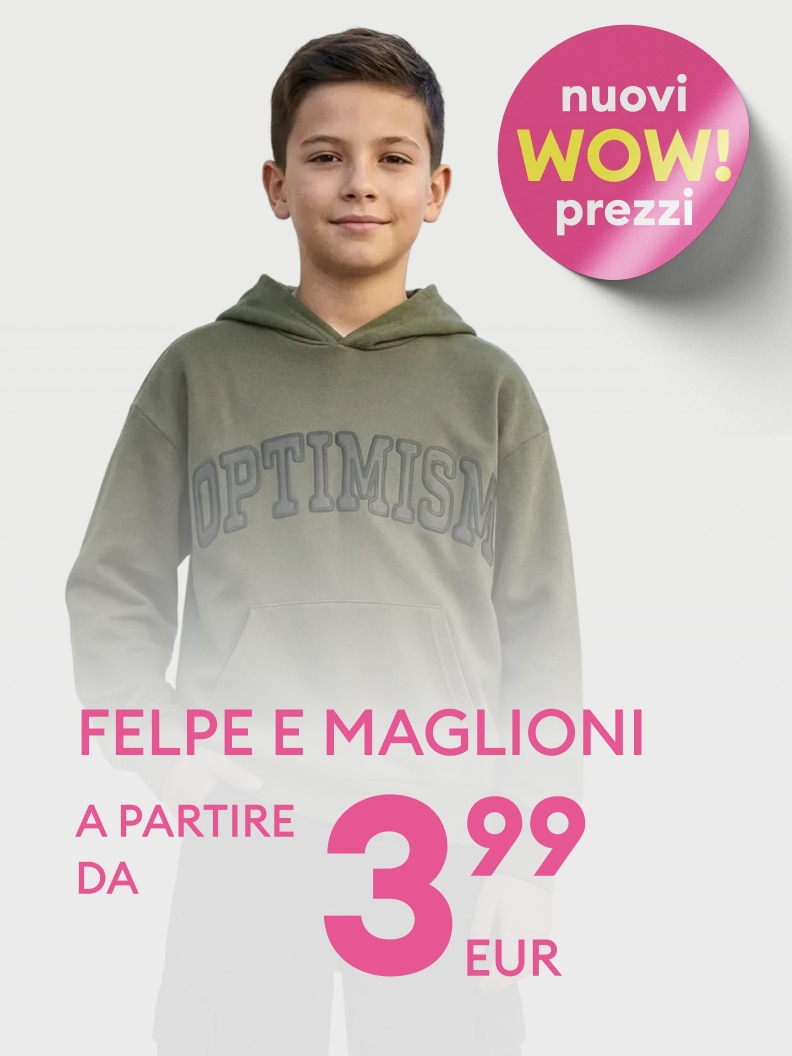 Promozione di abbigliamento per bambini: felpe e maglioni in offerta a prezzo conveniente, pensata per rinnovare il guardaroba dei più piccoli con capi casual.