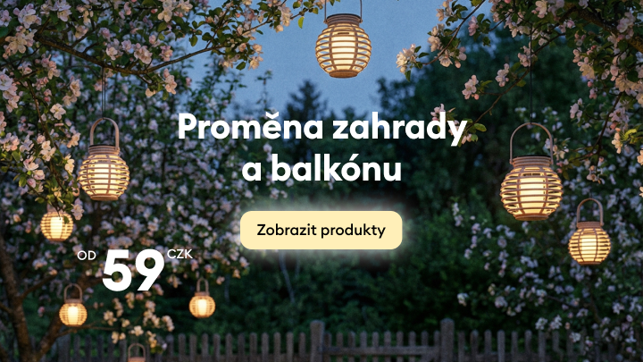 Propagační banner představující produkty pro proměnu zahrady a balkonu, zaměřený na dekorativní venkovní osvětlení s důrazem na snadné zútulnění prostoru za výhodnou cenu.