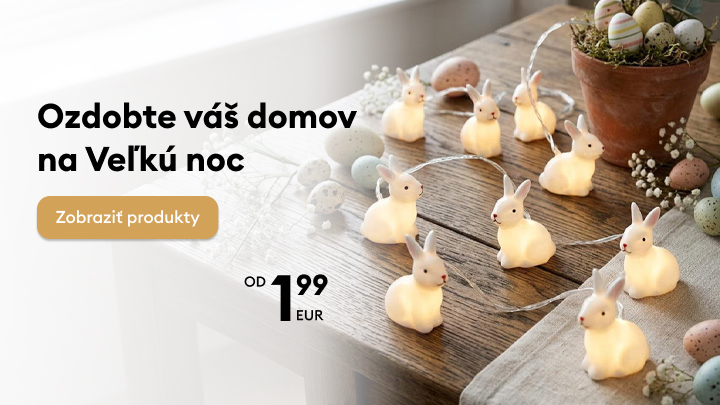 Reklamný banner propagujúci veľkonočné dekorácie do domácnosti, najmä svetelnú ozdobu s motívom zajačikov, určenú na sezónnu výzdobu a nákup produktov.