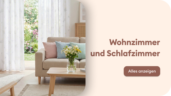Einstiegsbanner zur Auswahl von Möbeln und Wohnaccessoires für Wohn- und Schlafzimmer, mit Inspiration für gemütliche Raumgestaltung und Zugang zu passenden Produkten.