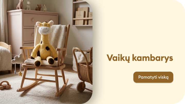 Vaikiško kambario baldai ir žaislai jaukiai vaikų erdvei įrengti