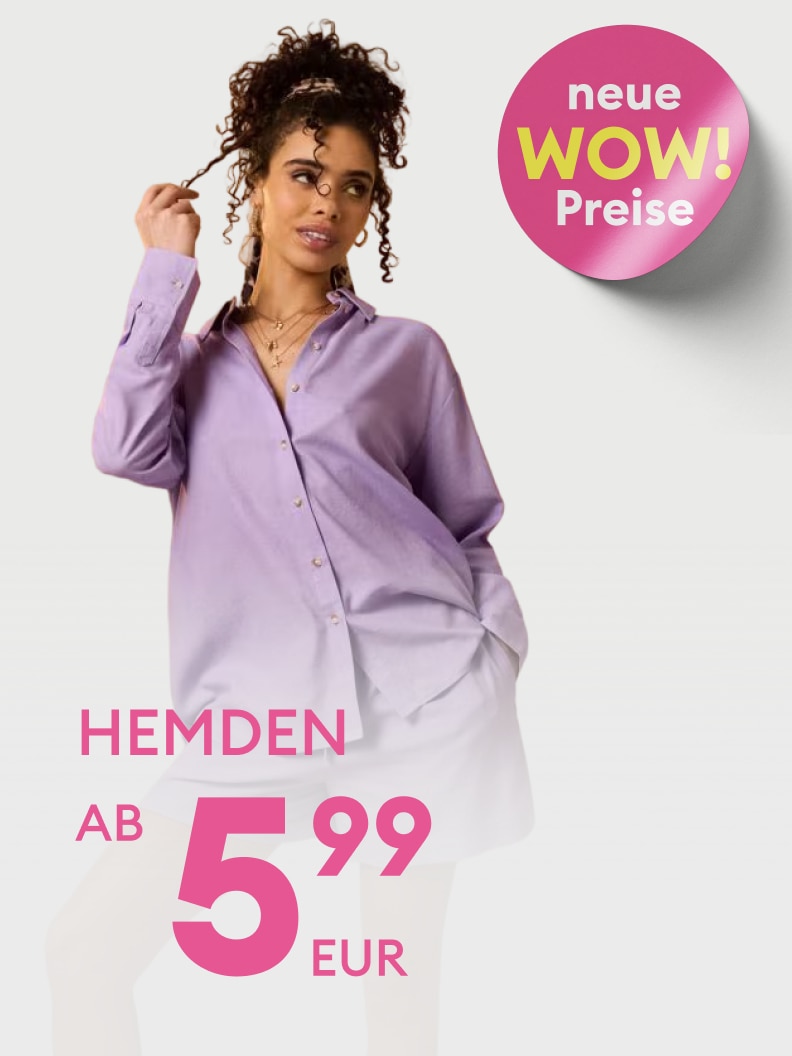 Werbliche Darstellung eines Angebots für Hemden mit sehr niedrigem Einstiegspreis, die auf neue attraktive Preise aufmerksam macht.