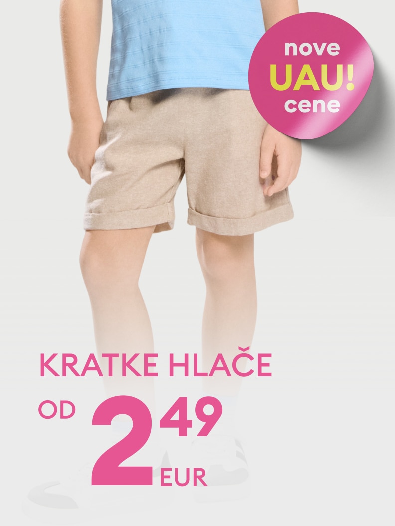 Promocija otroških kratkih hlač z novimi cenami, na voljo od 2,49 EUR.