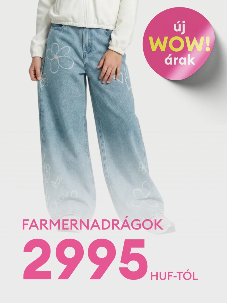 Akciós farmernadrágok promóciója, amely kedvezményes kezdőárral ösztönzi a vásárlást.