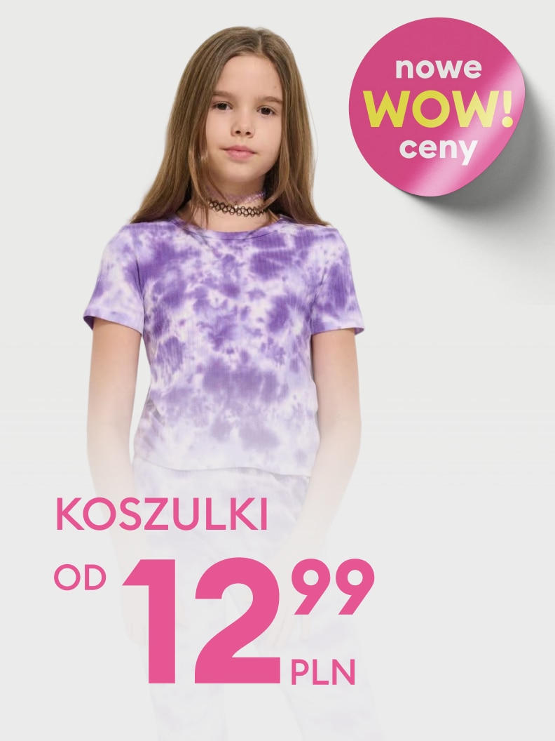 Promocja koszulek z nowymi, obniżonymi cenami; oferta cenowa rozpoczynająca się od 12,99 zł.