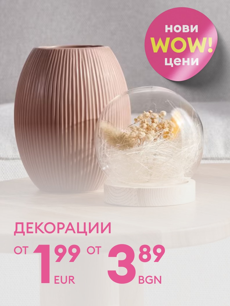 Декоративни предмети с цени от 1,99 евро или 3,89 лева. Табелка с надпис „НОВИ WOW цени“.
