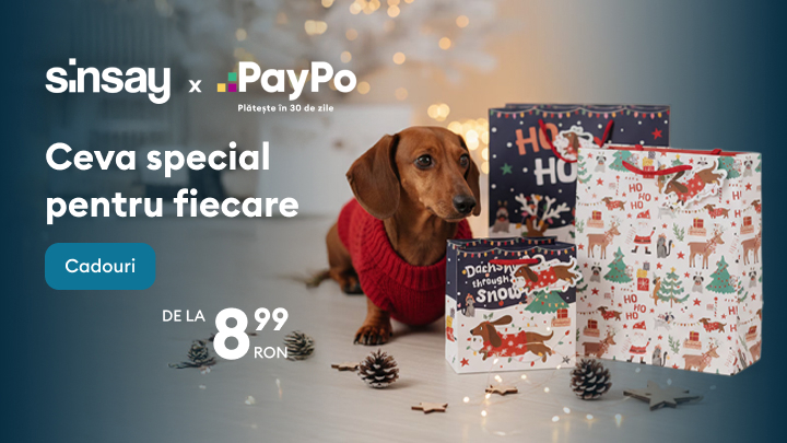Câine adorabil îmbrăcat într-un pulover roșu lângă pungi tematice de cadouri de Crăciun, promovate de Sinsay și PayPo. Gama de cadouri începe de la 8,99 RON, fiind accesibilă și potrivită pentru fiecare. Atmosfera sugerează bucuria sărbătorilor. banner
