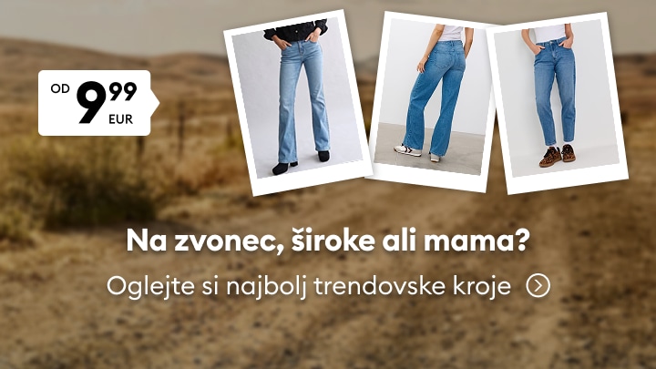Promocija ženskih kavbojk različnih krojev po ugodni ceni, vključno z zvončastimi, širokimi in mom modeli.