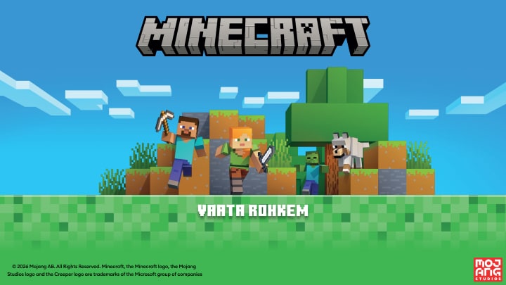 Minecrafti reklaambänner seiklusliku mängumaailma ja tegelastega, kutsudes mängu avastama ja rohkem vaatama