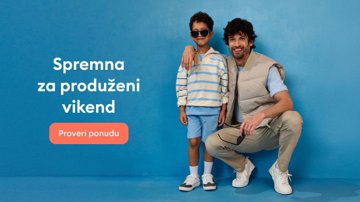 Promotivna poruka za porodičnu modnu ponudu, naglašava spremnost za produženi vikend i podstiče korisnike da istraže dostupne proizvode.
