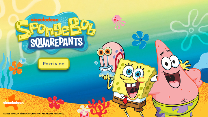 SpongeBob a jeho priatelia Patrick a Gary stoja na piesočnej pláži, všade okolo sú morské rastliny a bubliny. V obrázku je nápis "SpongeBob SquarePants" a tlačidlo s textom "Pozri viac". Ide o obrázok propagujúci animovaný seriál pre deti.