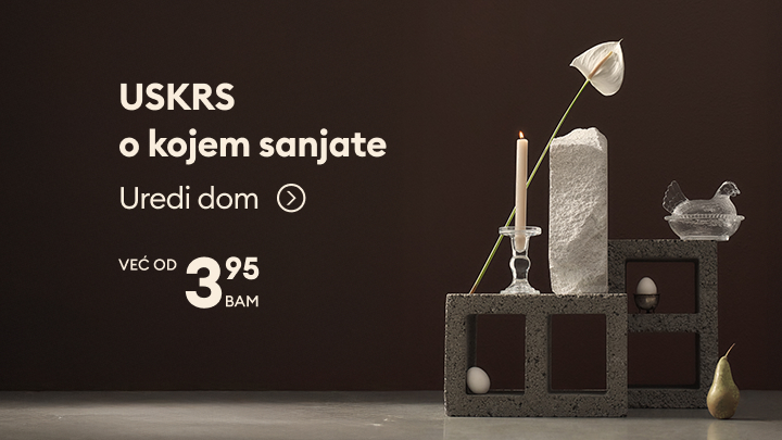 Promotivna poruka za uređenje doma, s izborom dekorativnih predmeta i naglašenom povoljnom početnom cijenom, s ciljem poticanja kupovine.