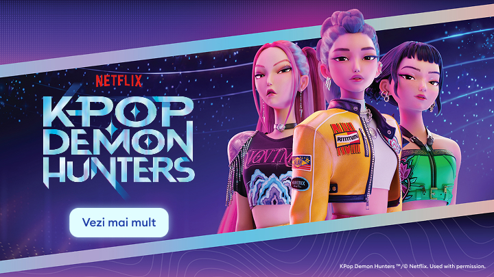Promovare a serialului Netflix K‑Pop Demon Hunters, prezentând personajele principale și invitând utilizatorul să afle mai multe despre poveste.