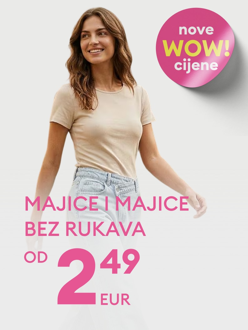 Promocija ženskih majica kratkih rukava i bez rukava s naglaskom na nove snižene cijene i povoljnu kupnju.
