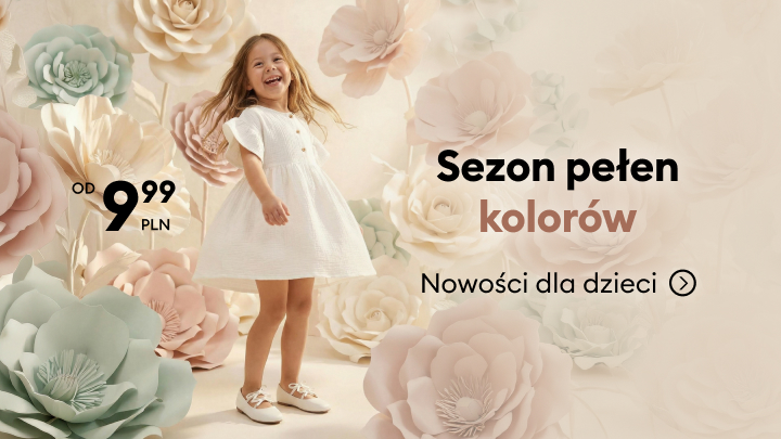 Reklama nowej kolekcji ubrań dla dzieci na sezon, zachęcająca do zakupów i informująca o niskiej cenie początkowej.