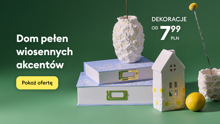 Promocja wiosennych dekoracji do domu, zachęta do zapoznania się z ofertą i zakupów w atrakcyjnych cenach.
