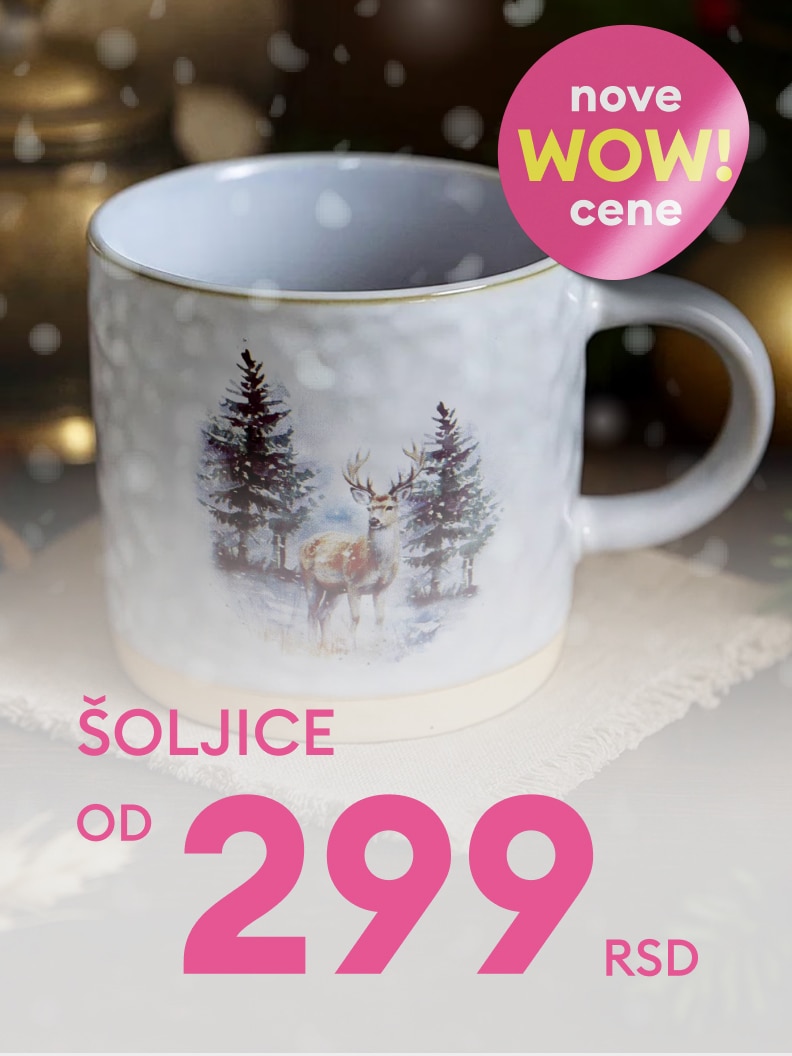 Kubek z zimowym motywem lasu i jelenia dostępny w promocyjnej cenie od 9,99 PLN. Na grafice widoczne hasło „Nowe WOW ceny!”. Idealny na zimowe napoje lub jako prezent. Atrakcyjna oferta na sezonowe produkty.