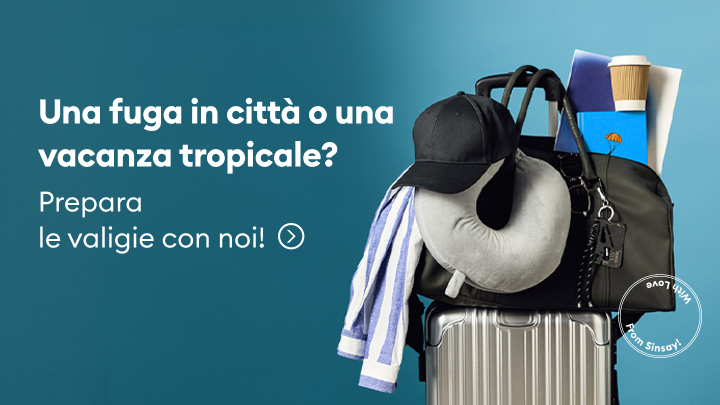 Promozione Sinsay che invita a preparare le valigie per una fuga in città o una vacanza tropicale, mostrando accessori e bagagli pronti per il viaggio.