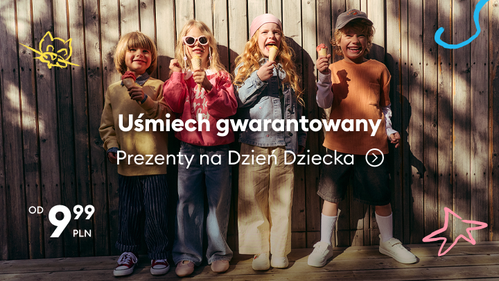 Promocja prezentów na Dzień Dziecka, zachęta do zakupu upominków dla dzieci zapewniających radość, z ofertą cenową od 9,99 zł.