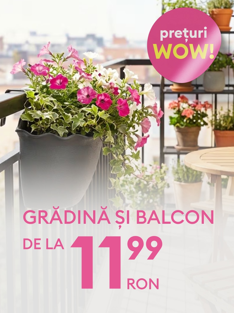 Banner promoțional care promovează produse pentru grădină și balcon, precum ghivece și plante, evidențiind o ofertă specială cu prețuri reduse pentru amenajarea spațiului exterior.
