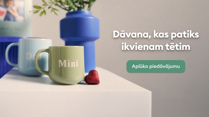 Reklāma tētiem paredzētām dāvanu idejām, izceļot personalizētas krūzes kā sirsnīgu izvēli un mudinot iepazīties ar piedāvājumu.