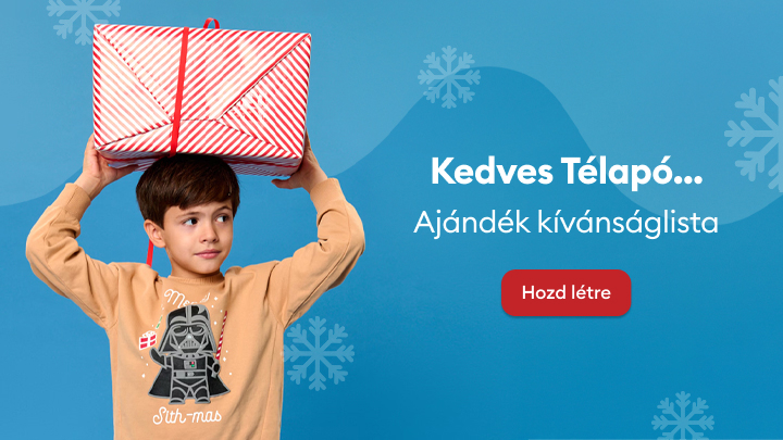 „Kedves Télapó... Ajándék kívánságlista létrehozása. Gyerek karácsonyi ajándékot tart a feje fölött. A piros gombbal lehetőség van egy személyes ajándéklistát összeállítani az ünnepekre.” banner