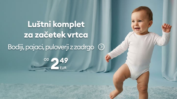 Ponudba otroških oblačil za začetek vrtca, vključno z bodiji, pajaci in puloverji z zadrgo za dojenčke in malčke