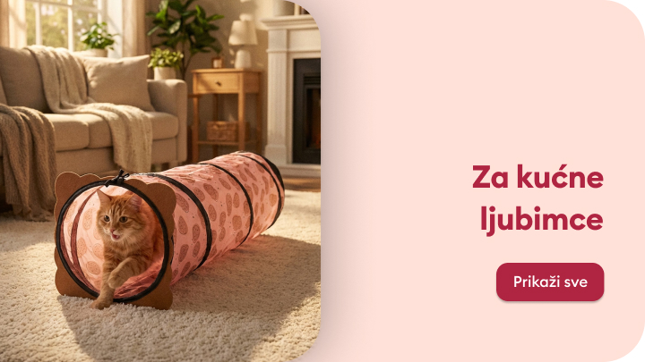 Promotivni vizual koji ističe ponudu proizvoda za kućne ljubimce, naglašavajući igru, zabavu i udobnost mačke u kućnom okruženju.