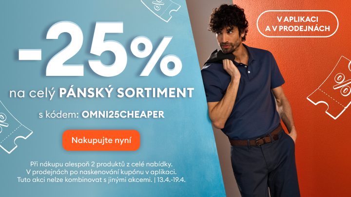 Propagační sdělení o slevě 25 % na celý pánský sortiment při použití slevového kódu, platné v aplikaci i v kamenných prodejnách, s časově omezenou platností.