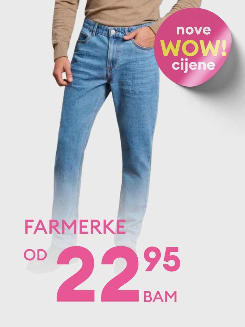 Promotivna poruka o sniženju farmerki, s novim cijenama koje počinju od 22,95 BAM.