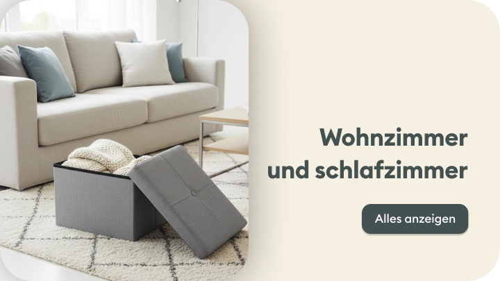 Wohnzimmermöbel mit modernem Sofa und praktischem Aufbewahrungswürfel, ideal für Decken oder andere Gegenstände. Perfekt für eine gemütliche und organisierte Raumgestaltung. Schaltfläche zum Anzeigen aller Produkte verfügbar.