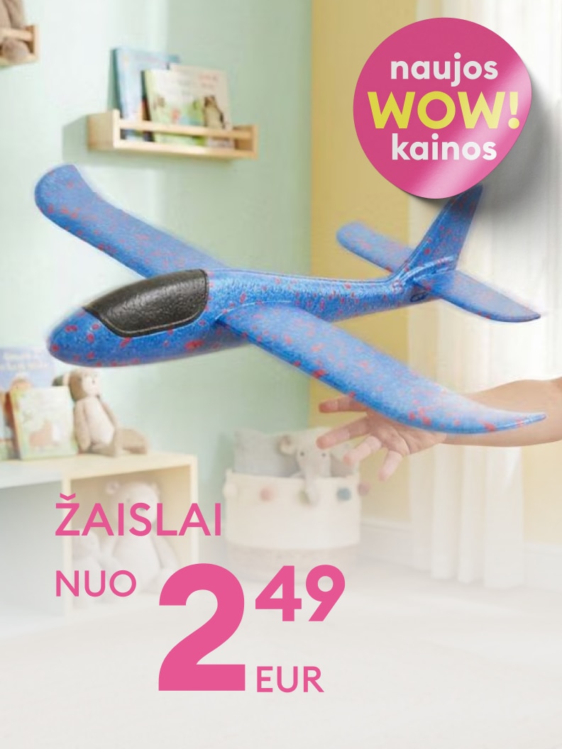 Reklaminė žinutė apie vaikiškus žaislus su ypač patraukliomis kainomis, akcentuojant sklandytuvo tipo žaislą smagiam ir aktyviam žaidimui namuose.
