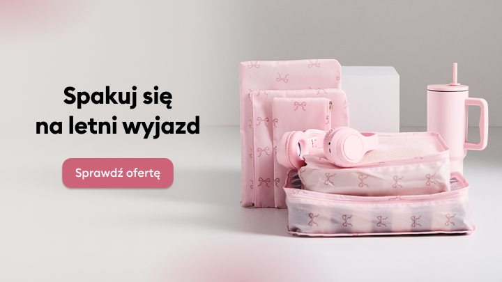 Promocja oferty akcesoriów podróżnych zachęcająca do przygotowania się na letni wyjazd.