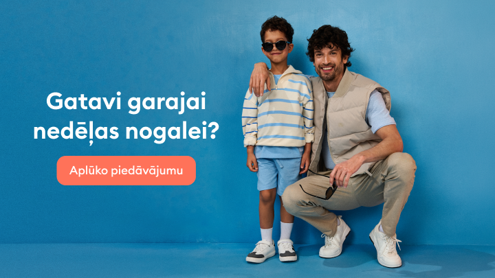 Reklāma aicina sagatavoties garajai nedēļas nogalei, piedāvājot saskaņotus apģērbus pieaugušajam un bērnam un mudinot apskatīt aktuālos piedāvājumus.