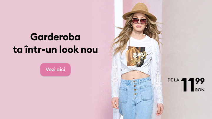 Promovare ofertă de îmbrăcăminte pentru un look nou, cu articole casual pentru femei, disponibile la prețuri începând de la 11,99 RON.